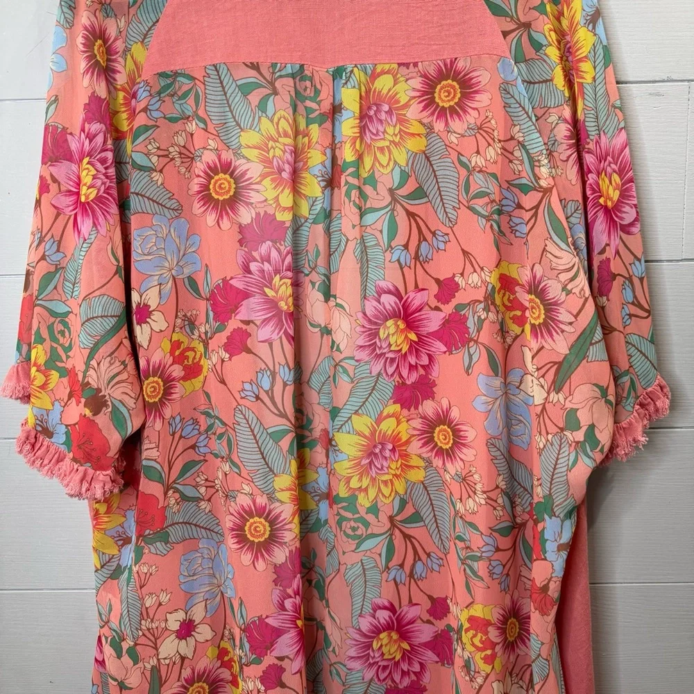 Umgee Coral Floral Kimono Duster Fringe Trim Boho Cardigan Size Small / Medium - Picture 10 of 13